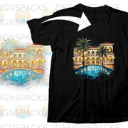 Black t-shirt featuring a watercolor print of a mansion with a pool.