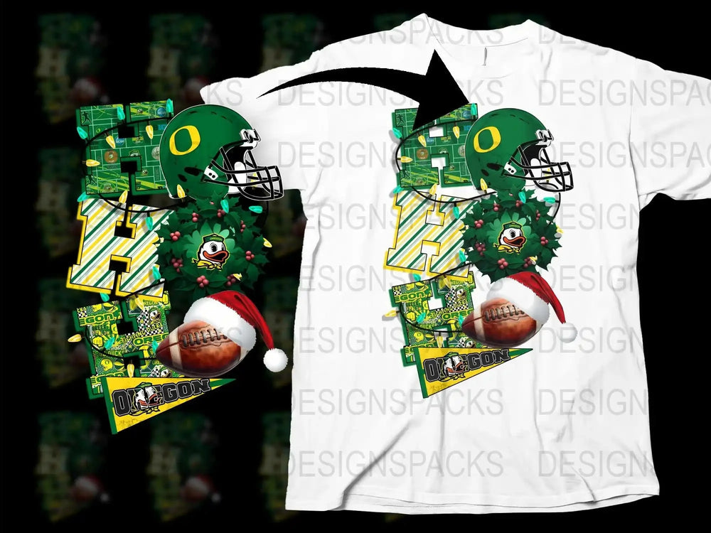 Oregon Ducks Football Helmet Christmas Tree Design Graphic T-Shirt, Festive Holiday Sports Apparel for Fans
