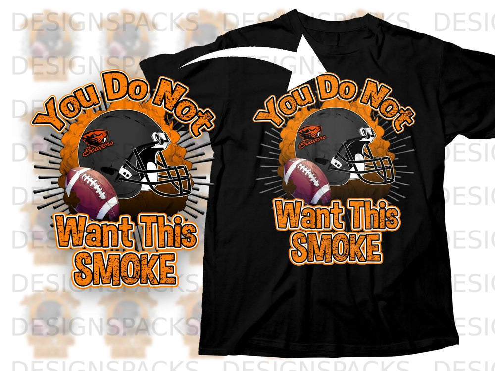 Two black t-shirts with an orange and black football helmet graphic and text "You Do Not Want This Smoke".