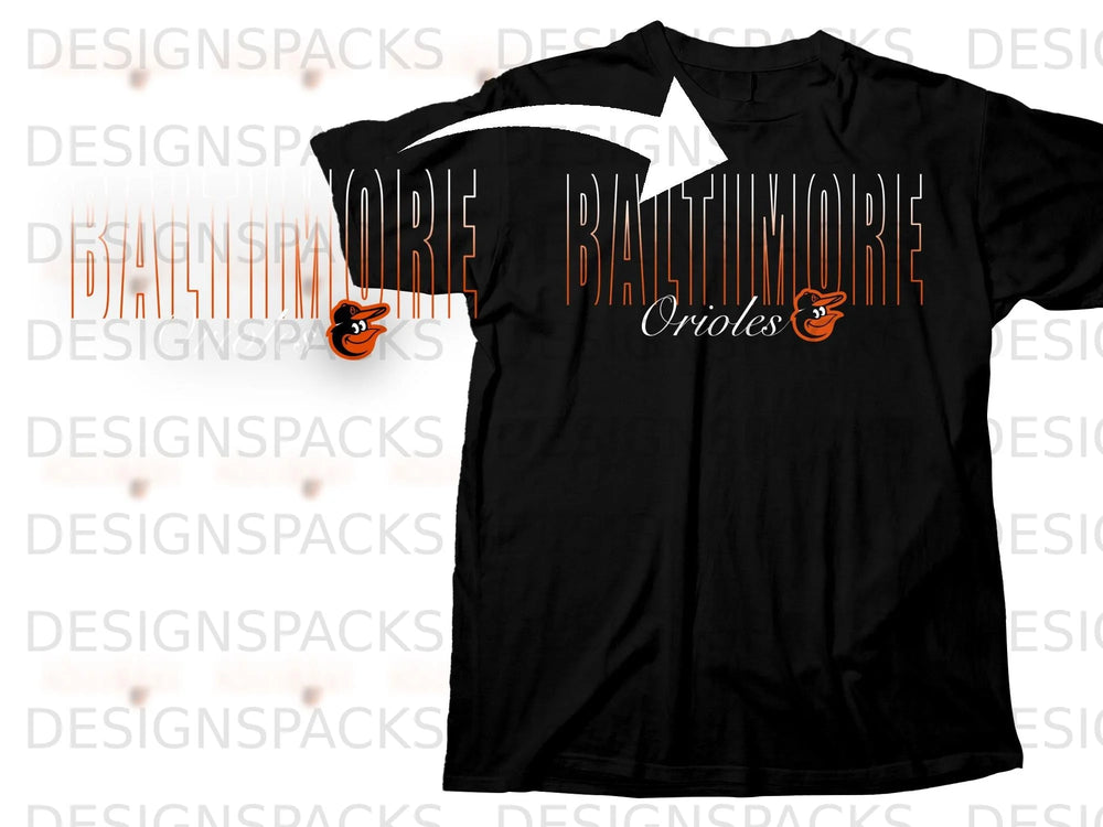 Black t-shirt with Baltimore Orioles logo and text "BALTIMORE Orioles".