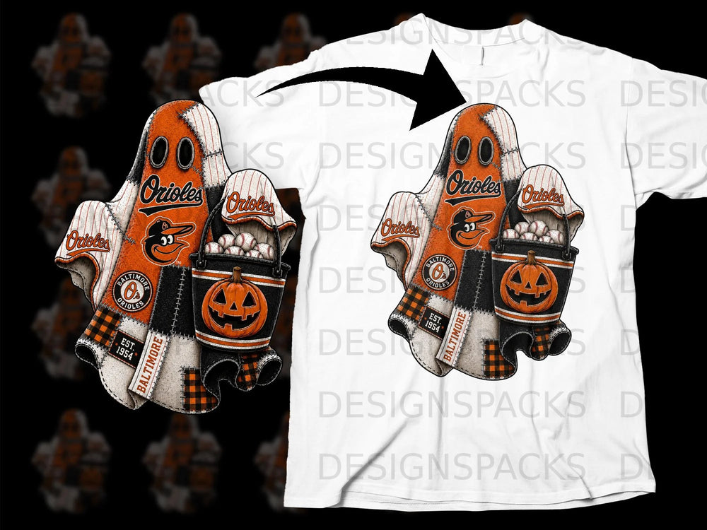Baltimore Orioles Halloween ghost with baseball hat, pumpkin bucket, and baseballs.