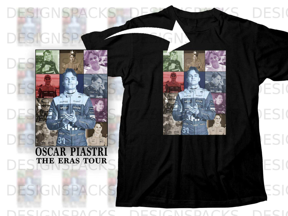 Oscar Piastri Eras Tour t-shirt with a collage of his photos and sponsor logos.