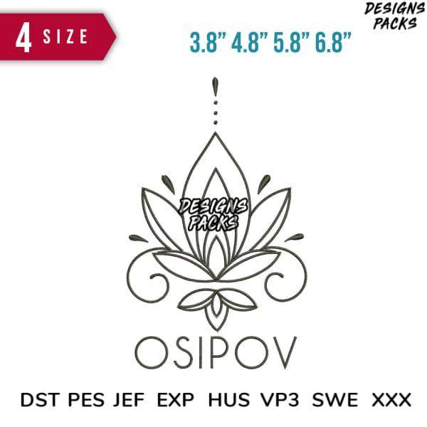 Elegant lotus flower embroidery design in 4 sizes, compatible with DST PES JEF formats for instant download.