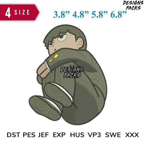 Embroidery design of anime character in green jacket, available in 4 sizes & formats like PES, DST, EXP for instant download.