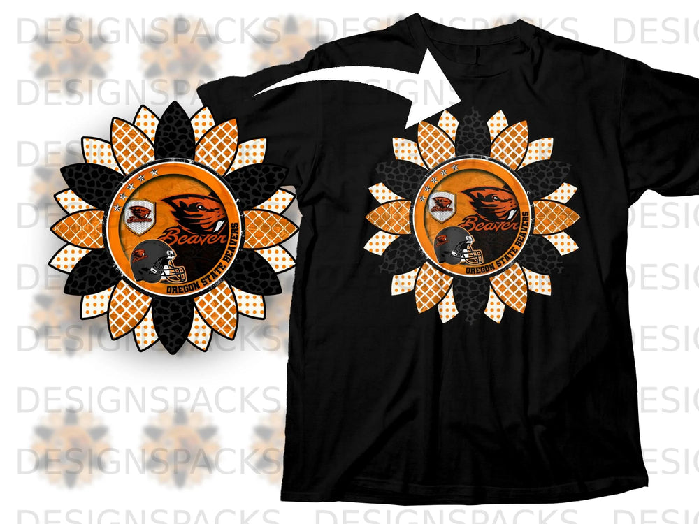 Oregon State Beavers sunflower graphic on a black t-shirt.