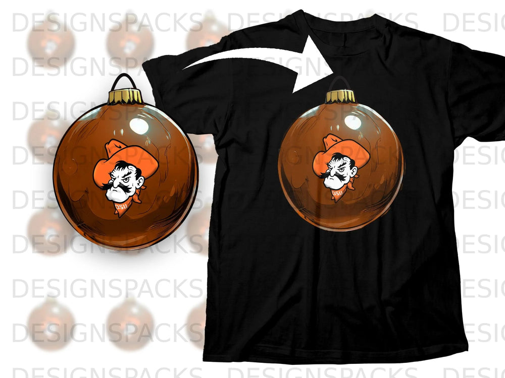 Black t-shirt with a depiction of a character in a cowboy hat on an orange Christmas ornament.