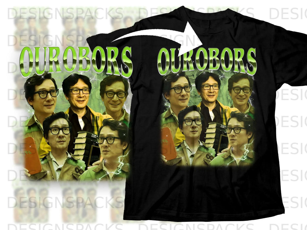 Black t-shirt with "OUROBOROS" text and collage of Asian men wearing glasses.