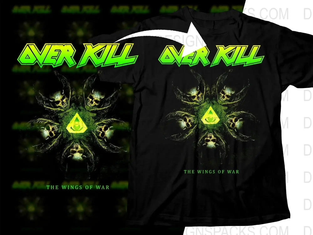 Overkill 'The Wings of War' t-shirt design with green skulls and triangle, print-ready graphic