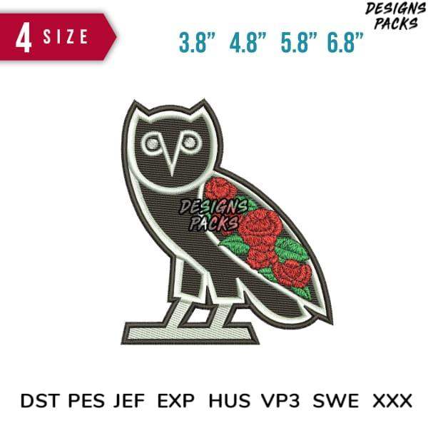 Embroidery design of owl with red roses, available in multiple sizes and formats for instant download.