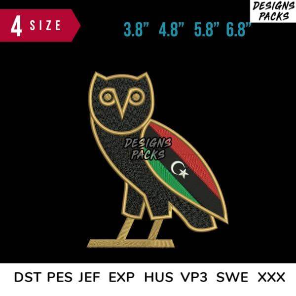 Embroidery design of owl with Libyan flag, available in multiple sizes and formats