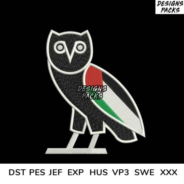 Embroidery design of owl with Palestinian flag colors, available in PES, DST, JEF formats for instant download.