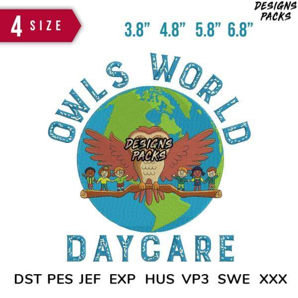 Owls World Daycare embroidery design with globe, owl, and kids, available in multiple sizes and formats