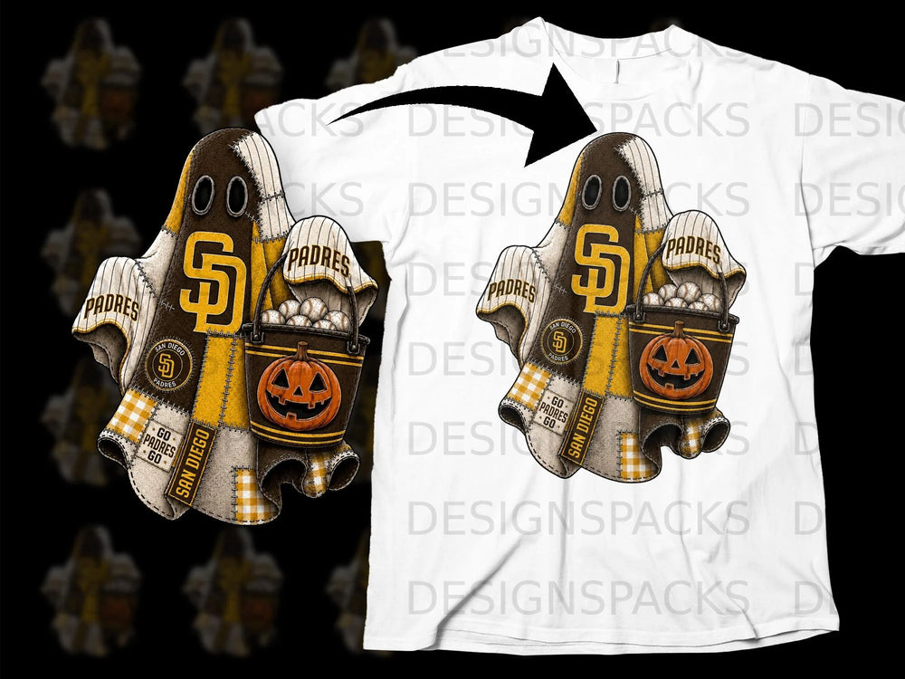 San Diego Padres ghost with pumpkin bucket and baseballs on white t-shirt.
