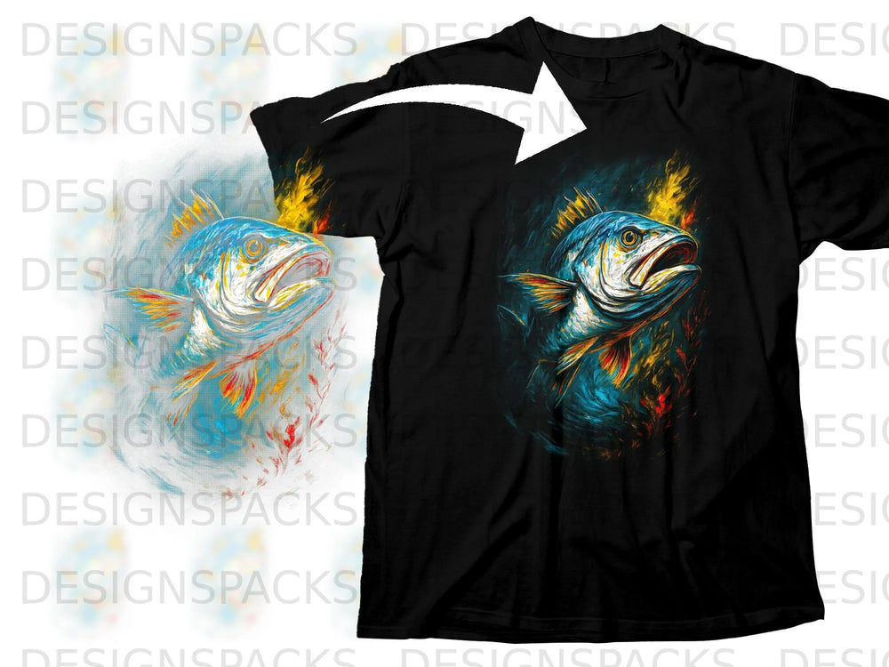 Black t-shirt featuring a vibrant, stylized fish graphic with fiery accents.