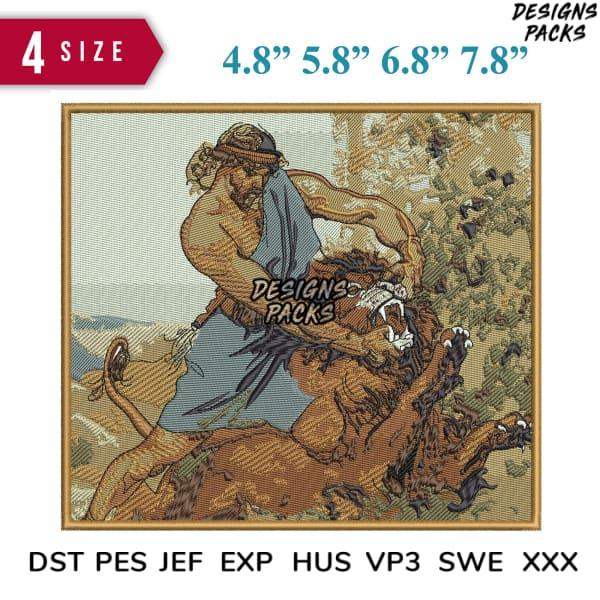Embroidery design of warrior battling lion, available in multiple sizes and formats