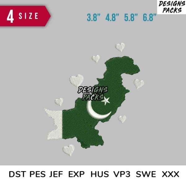 Pakistan map embroidery design with flag colors, hearts, and 4 size options for DST PES JEF formats
