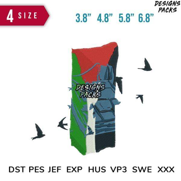 Embroidery design with colorful abstract pattern, 4 sizes, DST PES JEF formats, flying birds accent