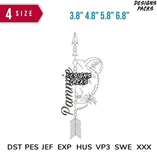 Lion face with arrow and beads embroidery design, 4 sizes, DST PES JEF formats