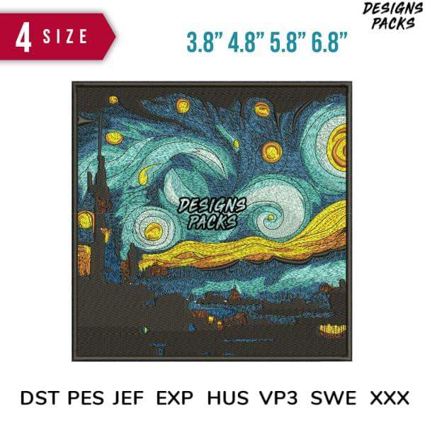 Starry Night embroidery design in 4 sizes, compatible with DST PES JEF formats for machine embroidery projects.