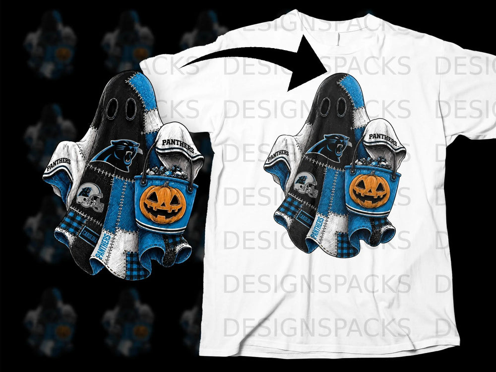 Carolina Panthers Halloween ghost holding a candy bucket with pumpkin and team logos.