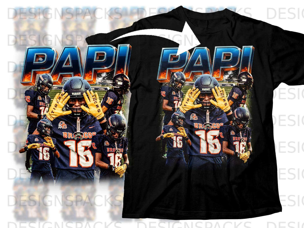 Black t-shirt with "PAPI" text and football player graphic.