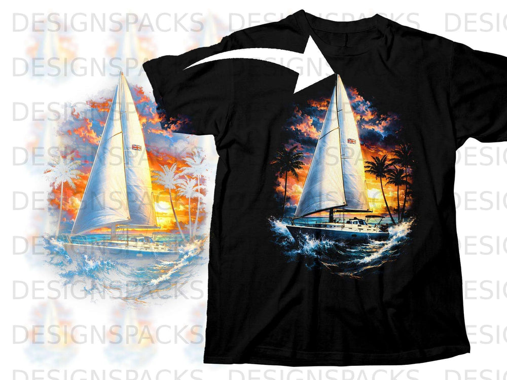 Black t-shirt featuring a sailboat at sunset with palm trees and crashing waves.