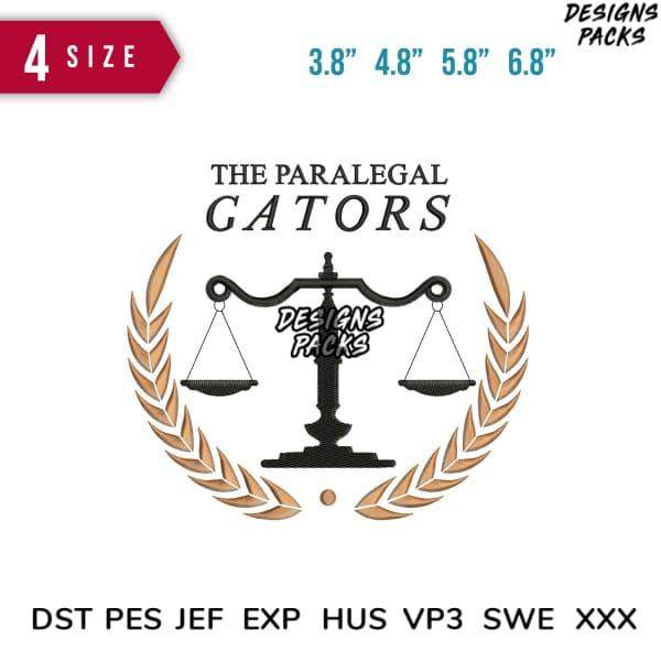 The Paralegal Gators logo with scales of justice and laurel wreath, available in multiple embroidery formats
