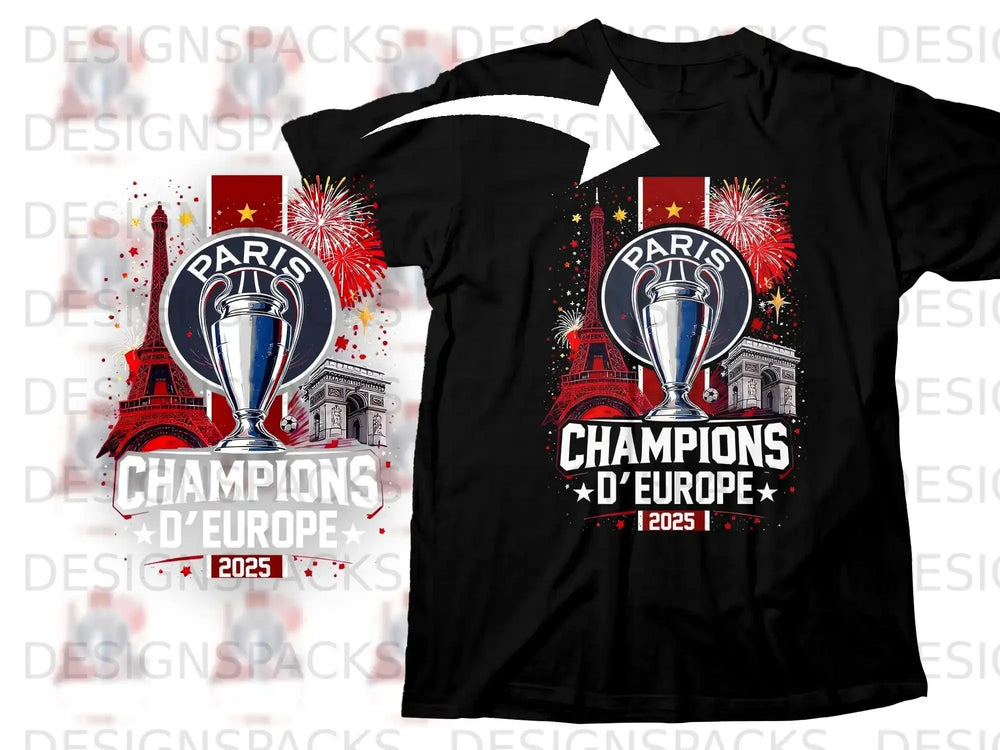 Black t-shirt with Paris Champions D'Europe 2025 graphic featuring Eiffel Tower and Arc de Triomphe.
