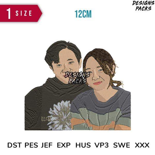 Embroidery design of couple in cozy sweaters, 12cm size, DST PES formats, print-ready for apparel