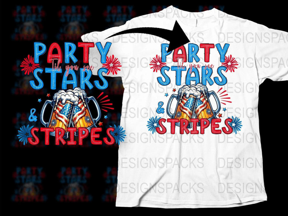 Party Stars and Stripes Beer Mugs Graphic T-Shirt, Fun Patriotic Tee, Unisex Adult Clothing