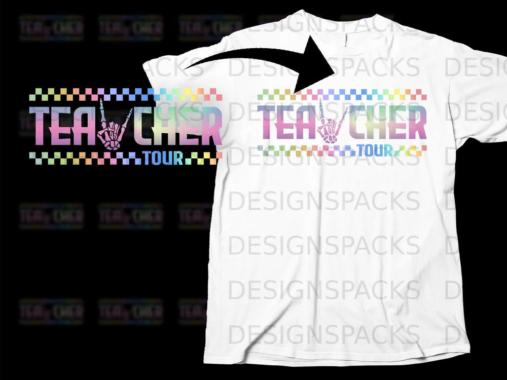 White t-shirt with colorful "TEA CHER TOUR" graphic featuring a skeleton hand.