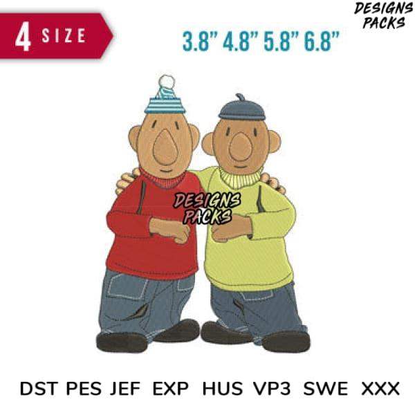 Embroidery design of two cartoon boys in winter hats, available in 4 sizes and multiple file formats.