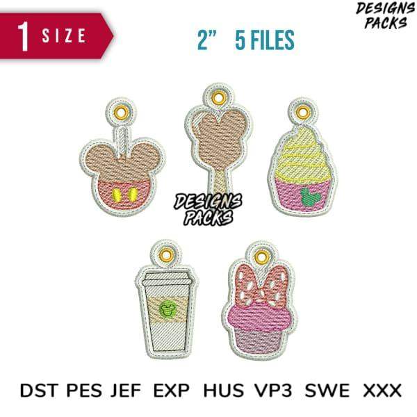 5 cute embroidery designs: Mickey cupcake, ice cream, coffee, Minnie cupcake — 2” size, PES DST files
