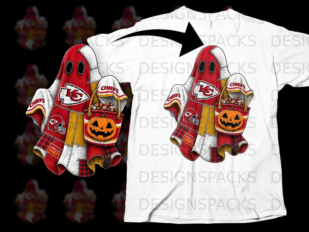 Kansas City Chiefs ghost mascot holding a pumpkin candy bucket with a helmet and candy.