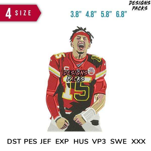 Football player embroidery design in red jersey, size options 3.8”-6.8”, DST PES formats