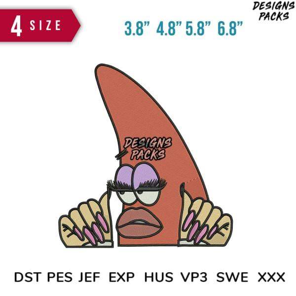 Embroidery design of a cartoon character with purple eyes and pink nails, available in multiple sizes and formats.