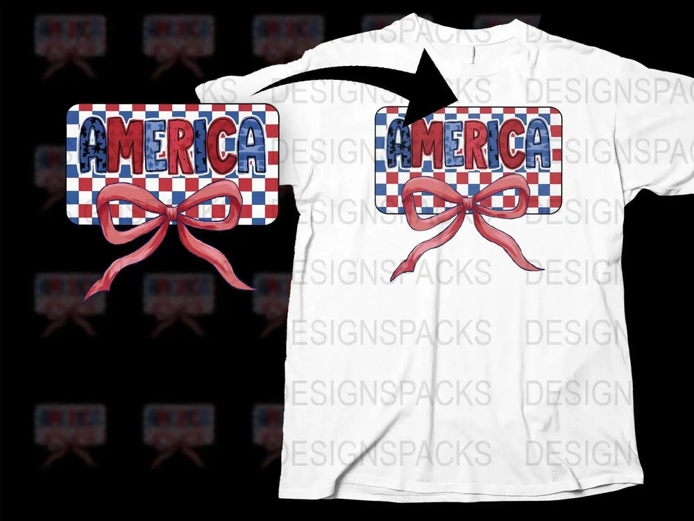 Patriotic America T-Shirt with Checkered Pattern and Bow, Red White Blue, Casual Wear, Unisex Tee