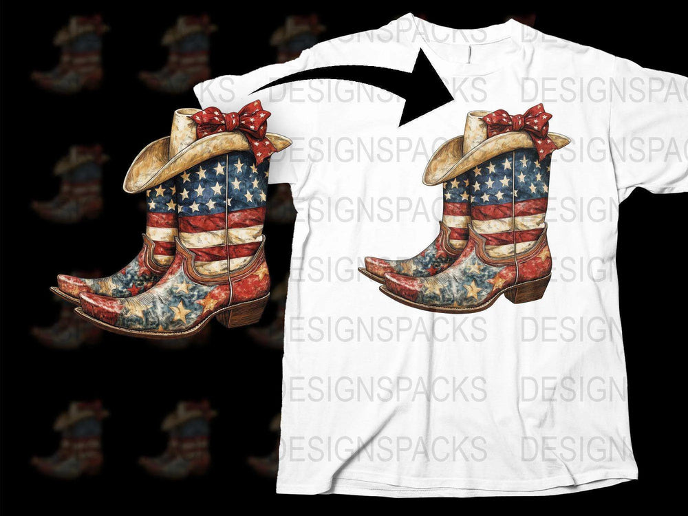 Patriotic Cowboy Boots T-Shirt, American Flag Print, Western Style Tee, Unique Unisex Apparel