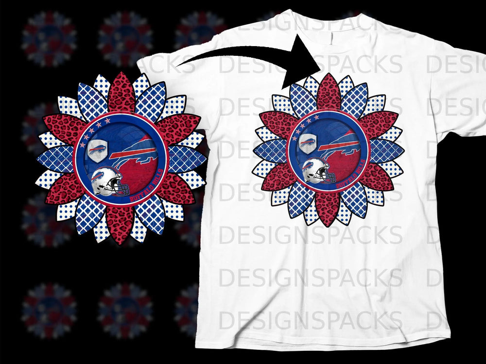 Sunflower design with Buffalo Bills logo and helmet on a white t-shirt.