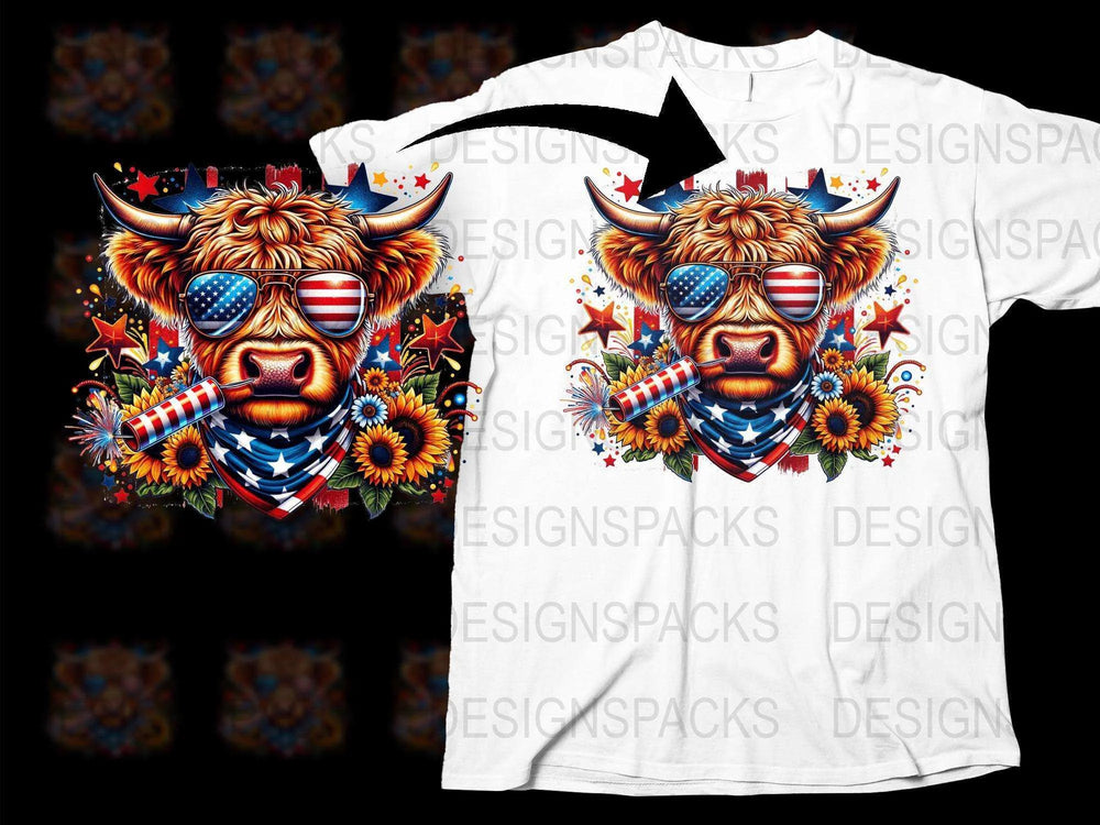 Patriotic Bull T-Shirt with American Flag Sunglasses and Fireworks Graphic Tee