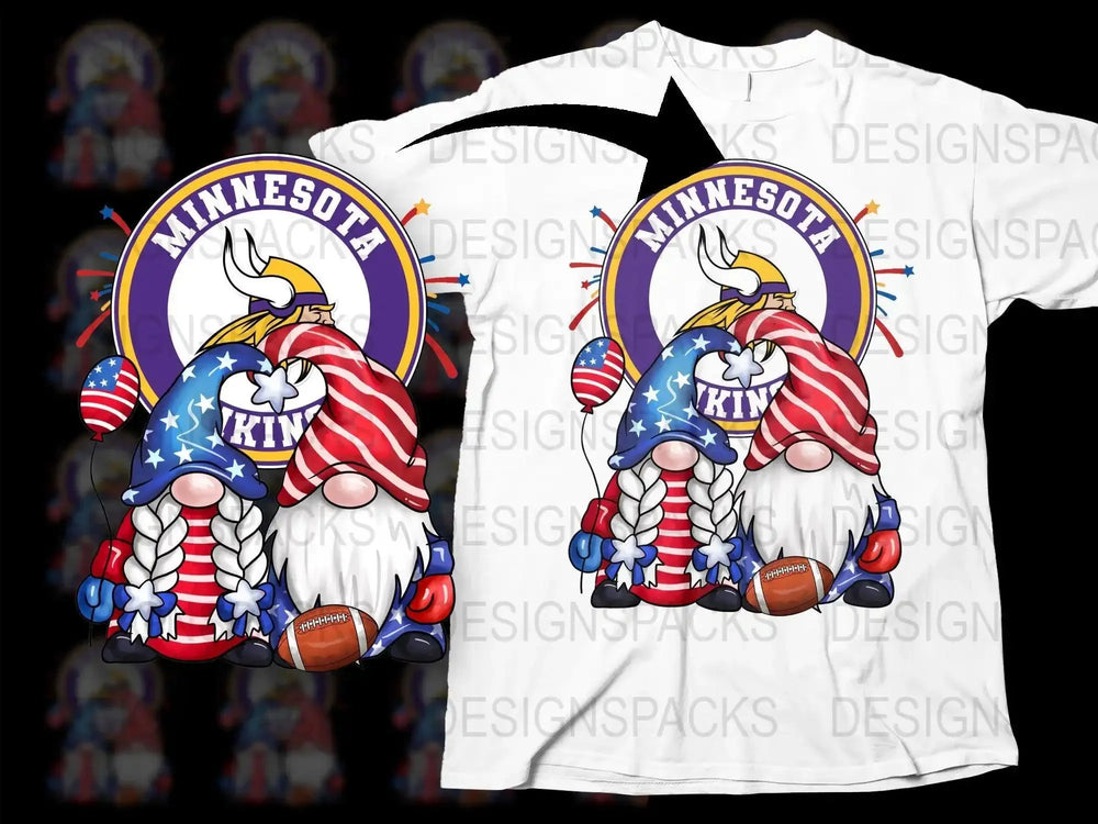 Minnesota Vikings gnome design on white t-shirt with patriotic colors and football