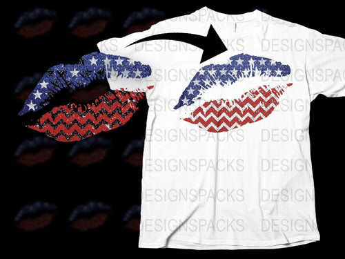 Patriotic Lips T-Shirt, American Flag Print, Red White Blue, Women's Fashion Tee, Casual Summer Top, USA Flag Kiss Design