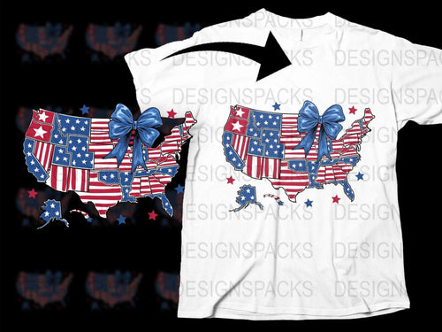 Patriotic USA Map T-Shirt American Flag Design with Bow Stars White Tee