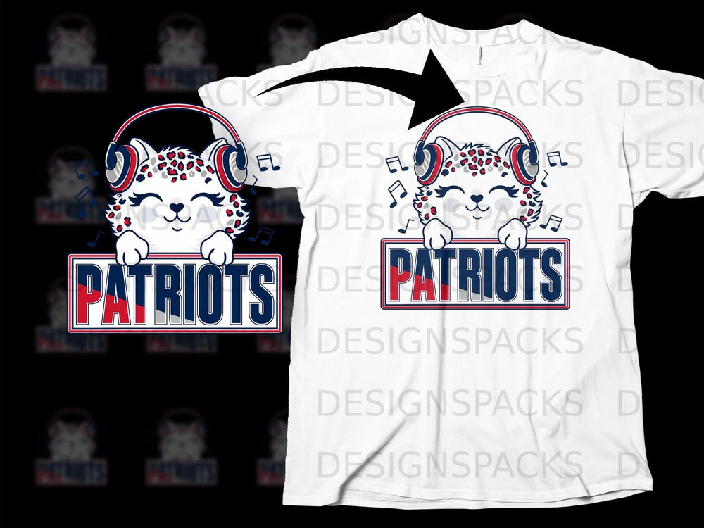 Cute white leopard with headphones and musical notes holds "Patriots" sign.