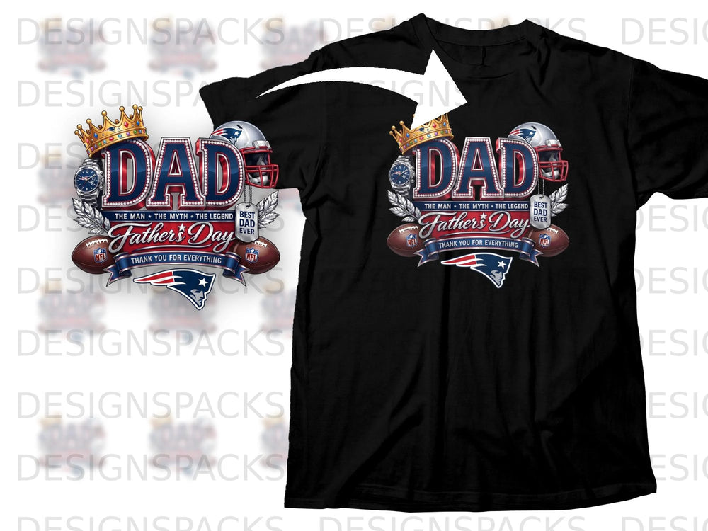 Black t-shirt with "Dad" graphic featuring crown, football, and Patriots helmet.