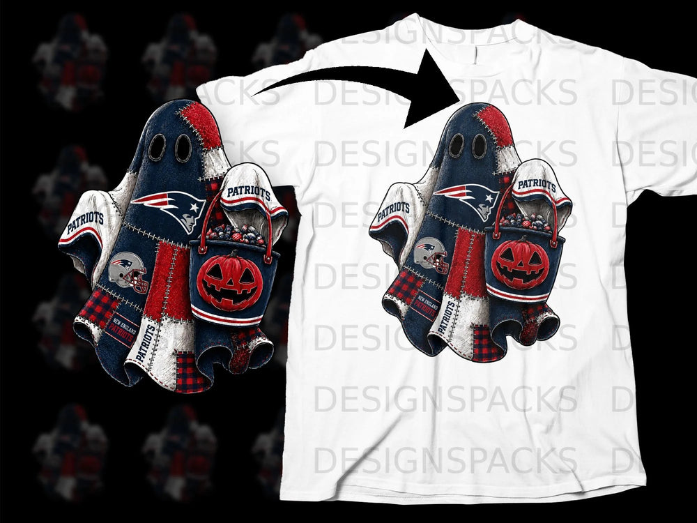 New England Patriots ghost with candy bucket on a white t-shirt.