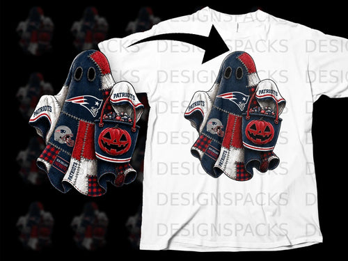 New England Patriots ghost with candy bucket on a white t-shirt.