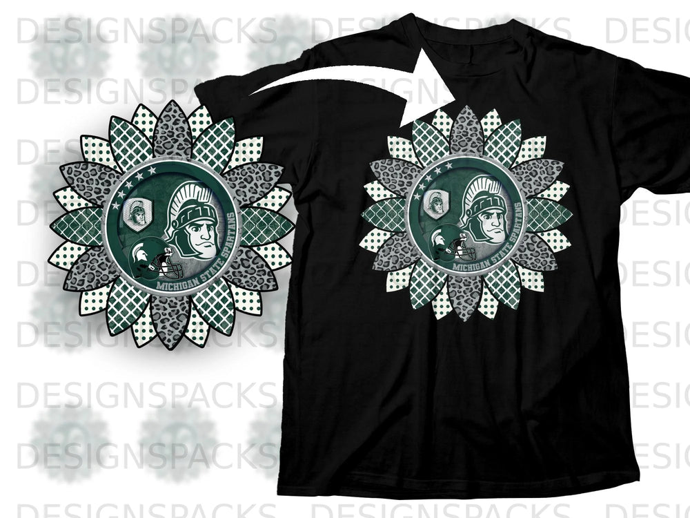 Black t-shirt with Michigan State Spartans sunflower design and helmet detail.