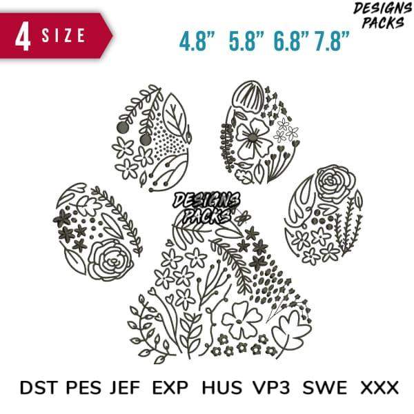 Floral paw print embroidery design in 4 sizes, DST PES JEF formats for instant download