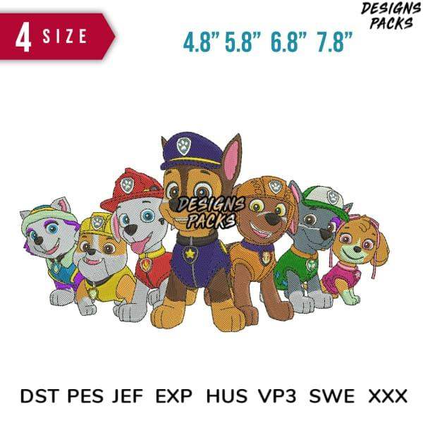 Paw Patrol embroidery design bundle in 4 sizes, compatible with DST PES JEF EXP formats for instant download.